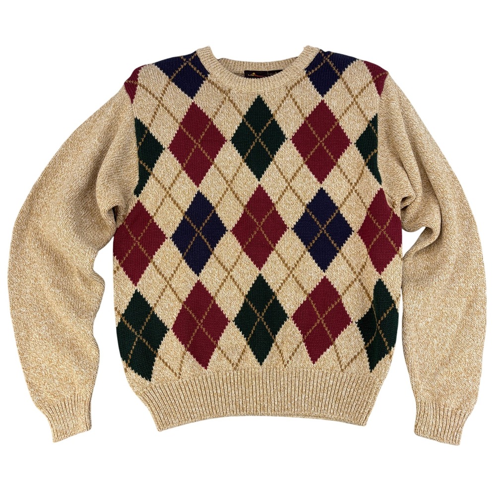 Lizsport Vintage Argyle Cotton Crewneck Sweater Tan Burgundy Navy Small Academia